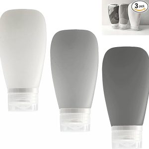 Travel Bottles for Toiletries, TSA Approved 3oz Leak Proof Silicone Refillable Squeeze Travel Size Containers BPA Free for Cleansers, Lotions, Shampoo 3-pk (Black-Gray-White)